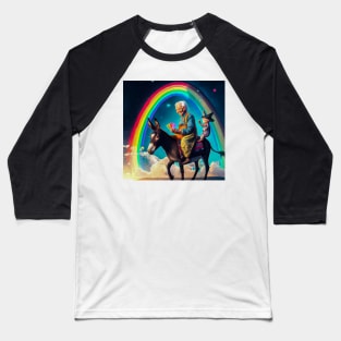 Old Lady on Donkey with Rainbow Baseball T-Shirt